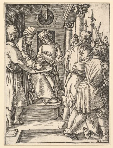 Pilate sitting on throne and washing hands while Christ is lead away by henchmen, from "The Passion of Christ", after Dürer by Marcantonio Raimondi, print, 1495-1539