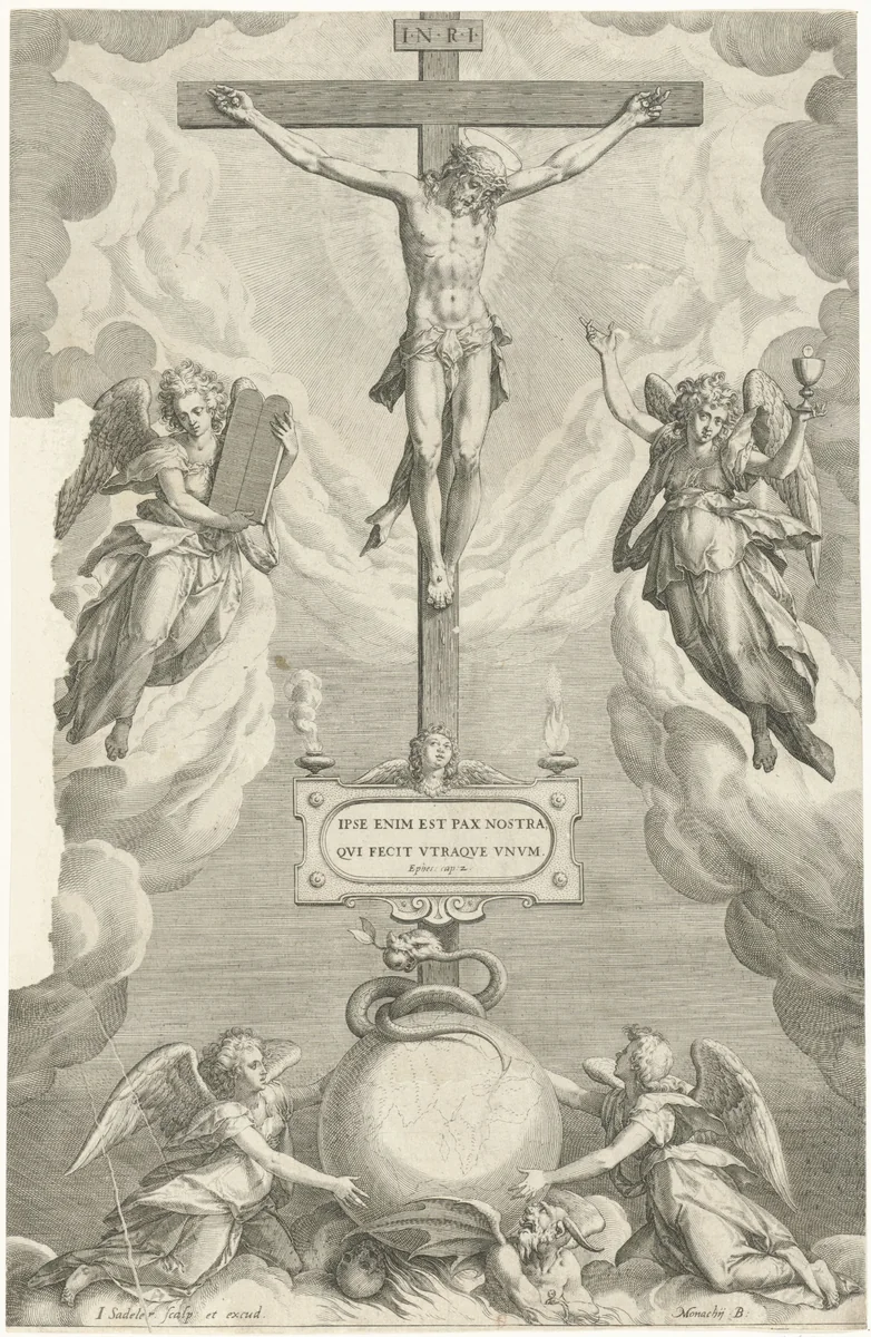 Christus aan het kruis met engelen by Unknown, print, 1588-1595