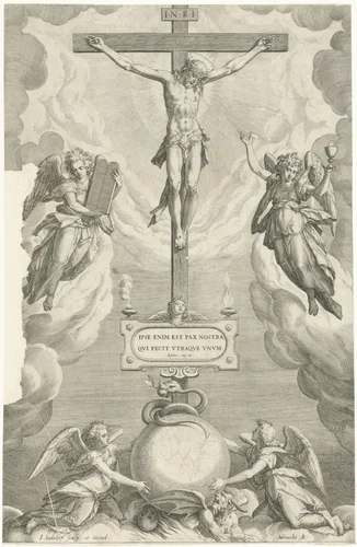Christus aan het kruis met engelen by Unknown, print, 1588-1595