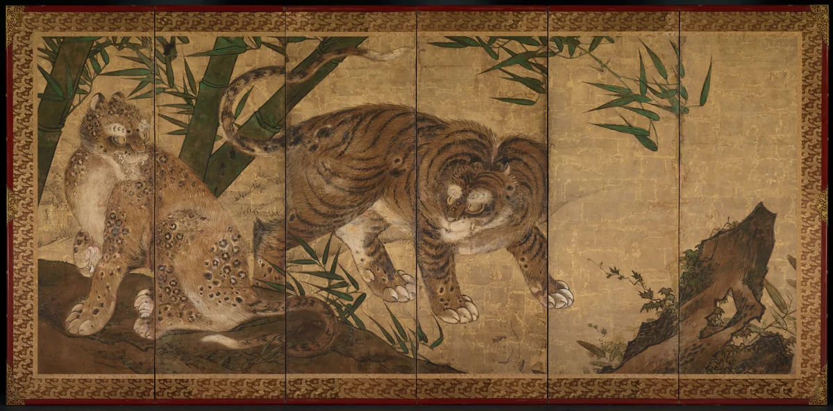 Lions and Tigers in Peony and Bamboo by Yamaguchi Sekkei, painting, 1668