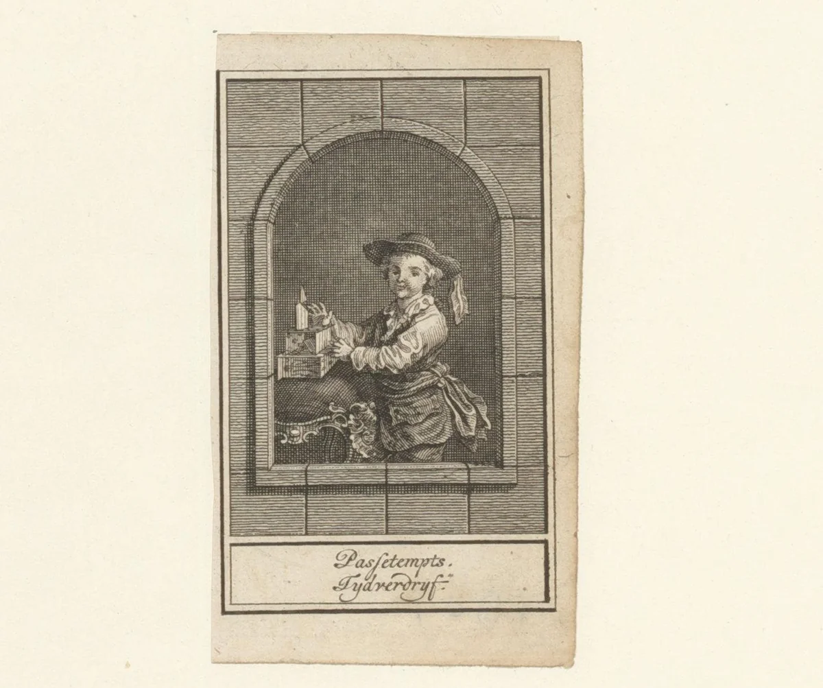 Jongen speelt met een kistje by anonymous, print, 1700-1799