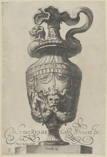 Plate 3: Vase with a satyr's mask and garlands, from "Antique Vases" (Vasa a Polydoro Caravagino) by Aegidius Sadeler II, print, 1605