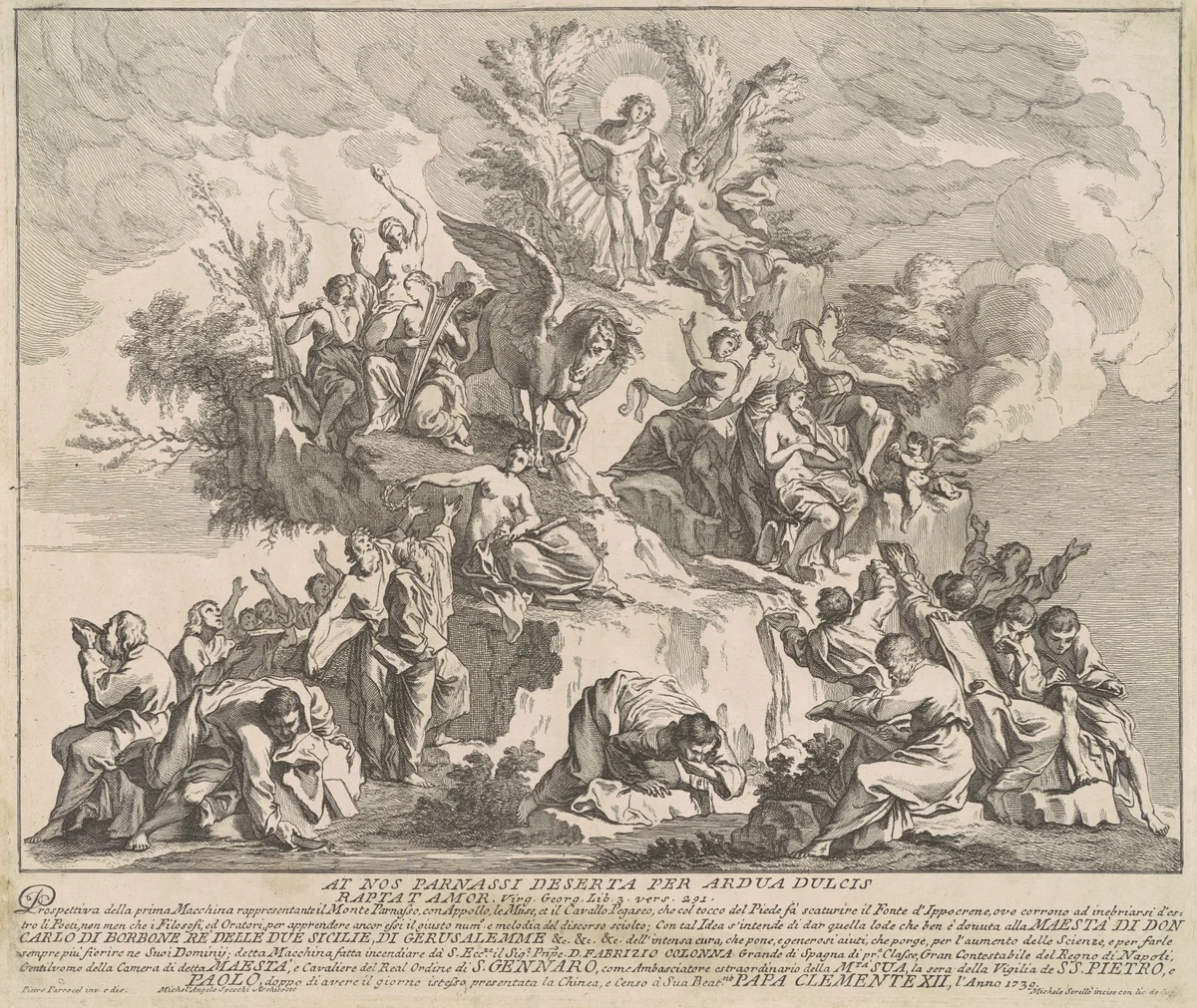 The Prima Macchina for the Chinea of 1739: Mount Parnassus with Apollo, the Muses, and Pegasus by Miguel de Sorellò
Pierre Parrocel
Michelangelo Specchi, print, 1739