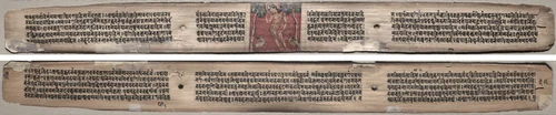 Folio 37 from a Gandavyuha-sutra (Scripture of the Supreme Array): Sudhana and a pair of antelopes (recto); text (verso) by Unknown, painting, 1000-1199
