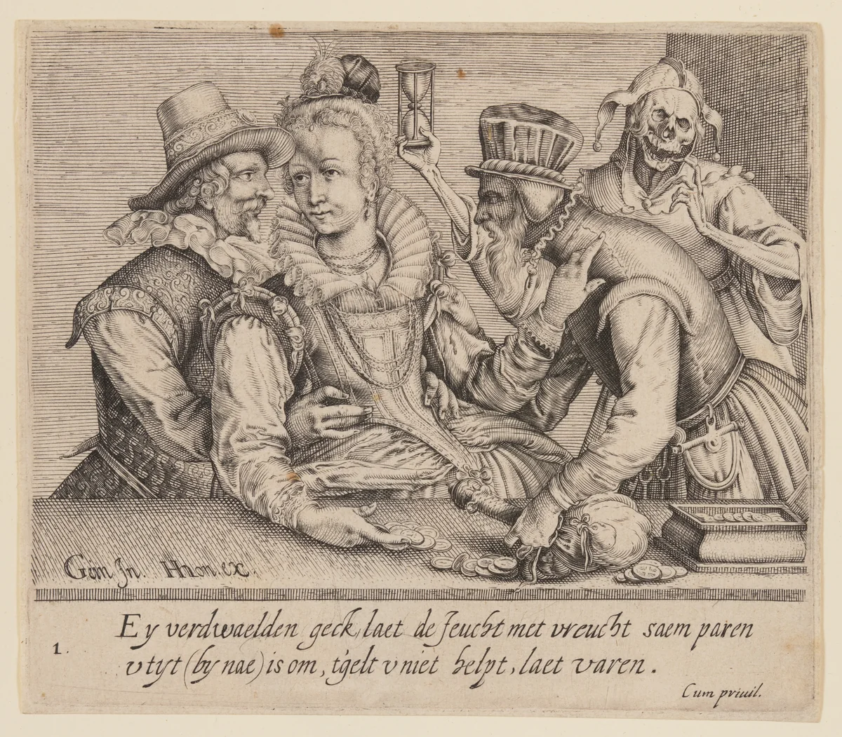 A Young Woman between a Young Man and an Old Man, from Unequal Lovers by Andries Stock, print, 1605-1615