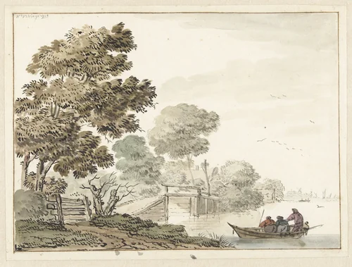 Landschap met een houten brug en bomen langs een vaart by Wigerus Vitringa, drawing, 1704