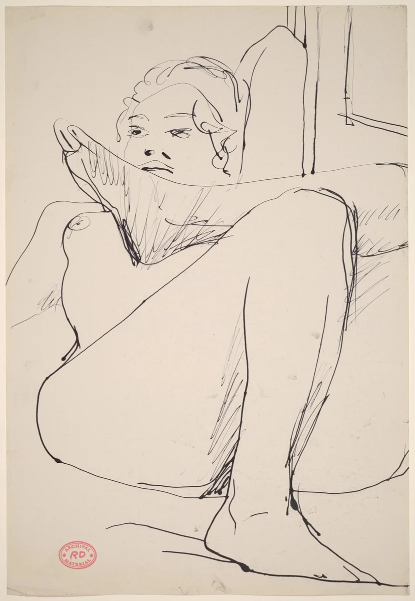 Untitled [nude lying back with her arm behind her head and legs crossed] by Richard Diebenkorn, drawing, 1955-1967