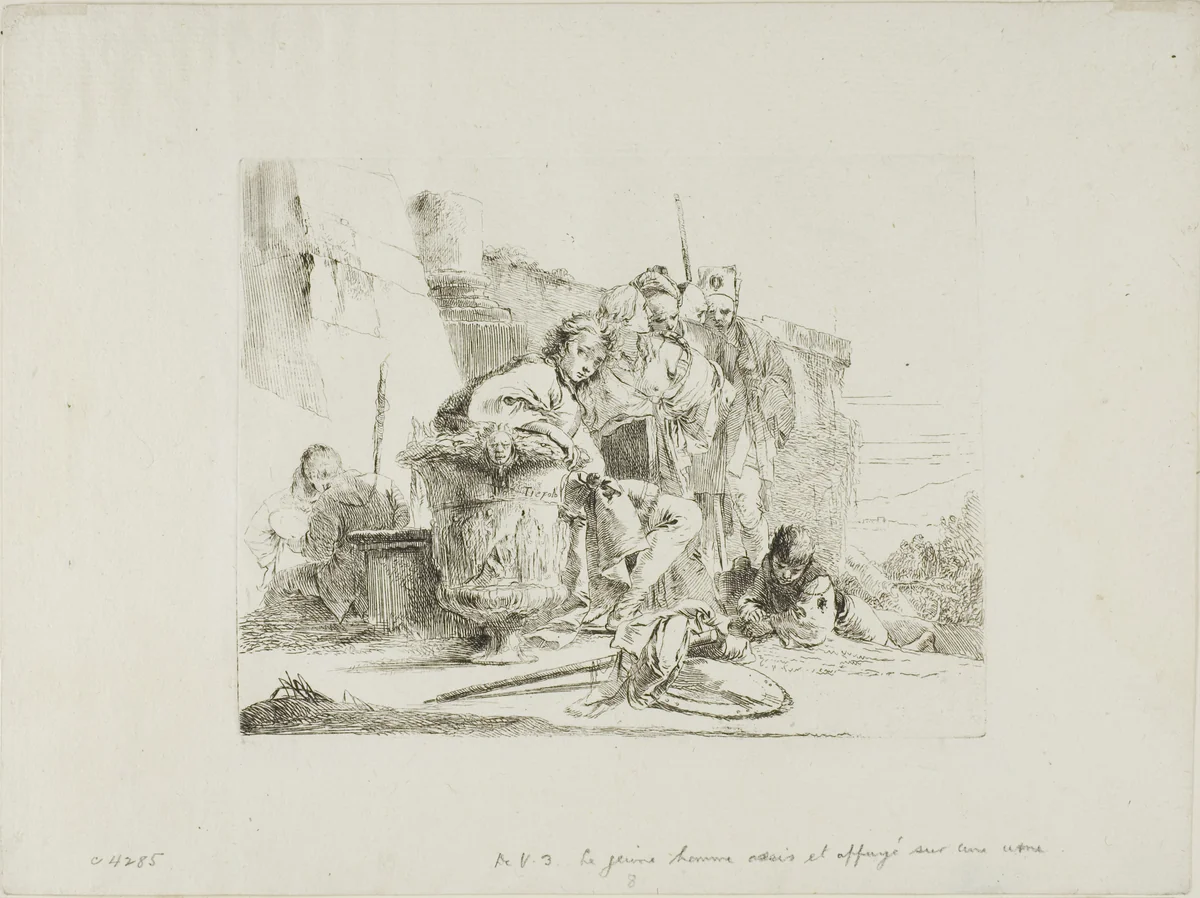 Seated Youth Leaning Against an Urn, from Capricci by Giovanni Battista Tiepolo, print, 1740-1750