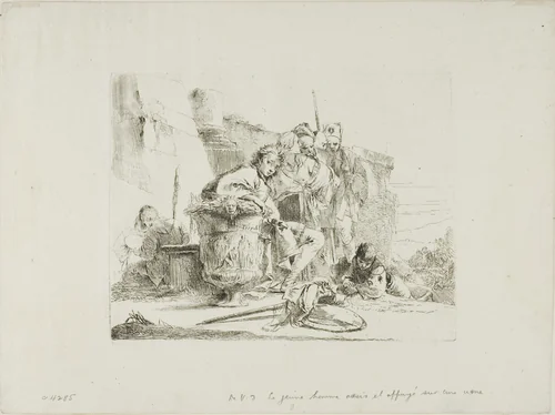 Seated Youth Leaning Against an Urn, from Capricci by Giovanni Battista Tiepolo, print, 1740-1750