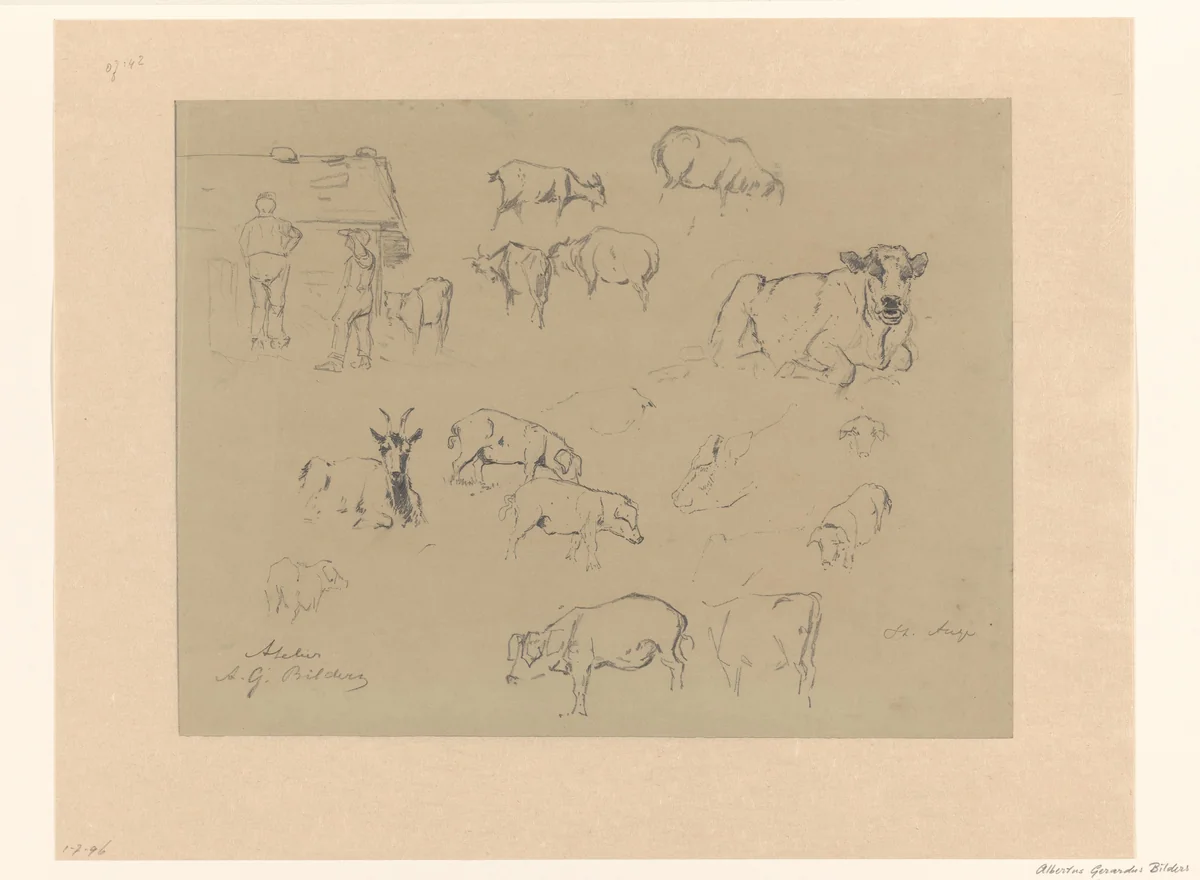 Schetsblad met studies van koeien, varkens, geiten en een paar boeren by Gerard Bilders, drawing, 1848-1865