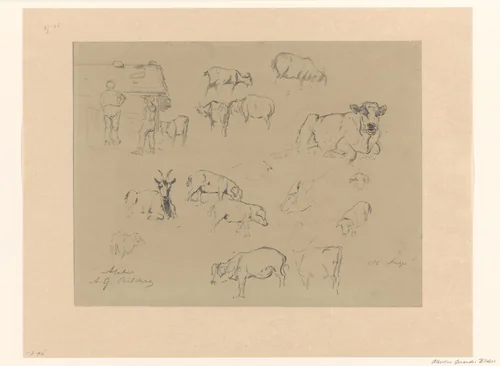 Schetsblad met studies van koeien, varkens, geiten en een paar boeren by Gerard Bilders, drawing, 1848-1865