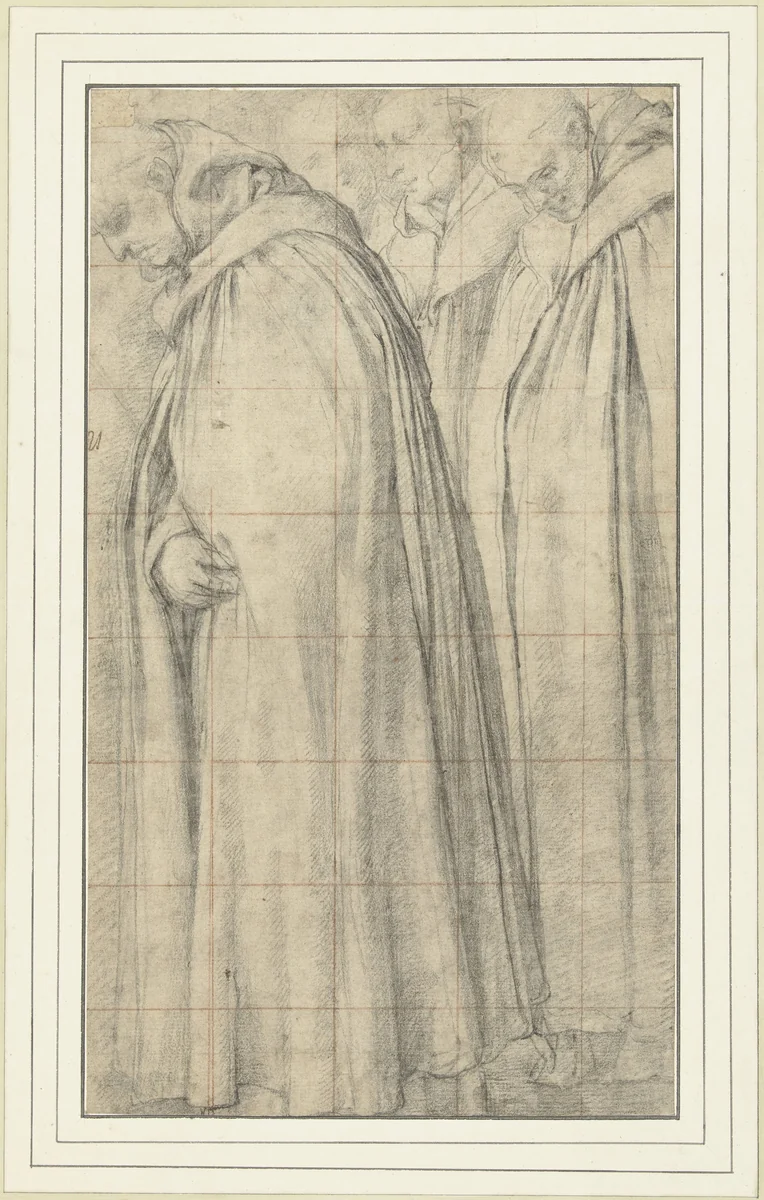Stoet van drie monniken by Unknown, drawing, 1558-1612
