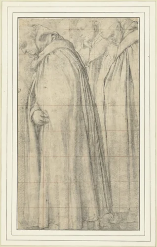 Stoet van drie monniken by Unknown, drawing, 1558-1612