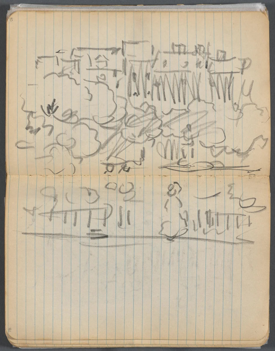 Sketchbook, page 080 & 81: Landscape with Figures and Houses by Maurice Prendergast, book, 1905-1910