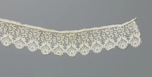 Strook machinale kant met schulpenrand van ronde rozen tussen gespiegelde s-vormige lijnen by anonymous, other, 1850-1949