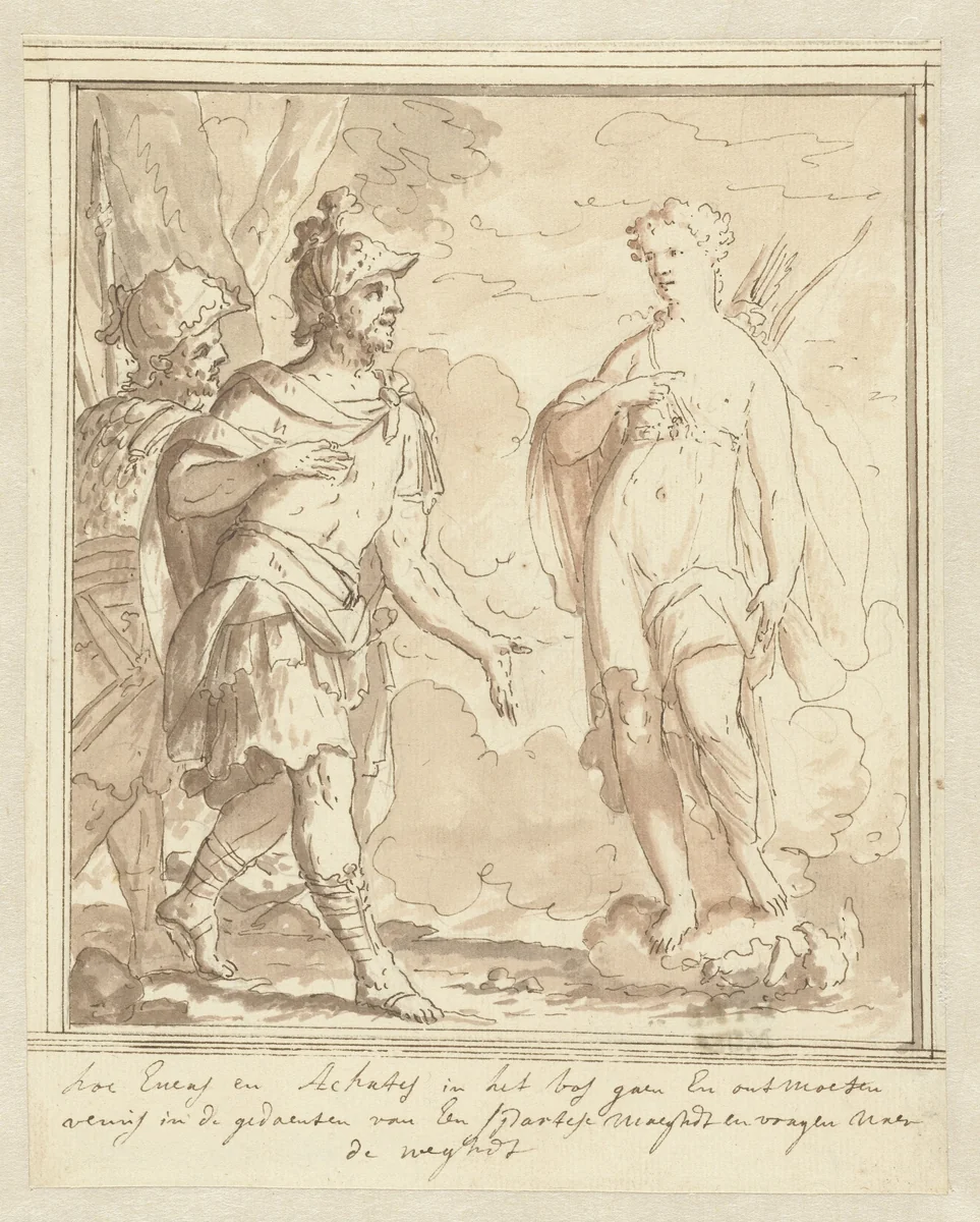 Aenaes en Achates ontmoeten Venus in de gedaante van een jageres by Mattheus Terwesten, drawing, 1700-1704