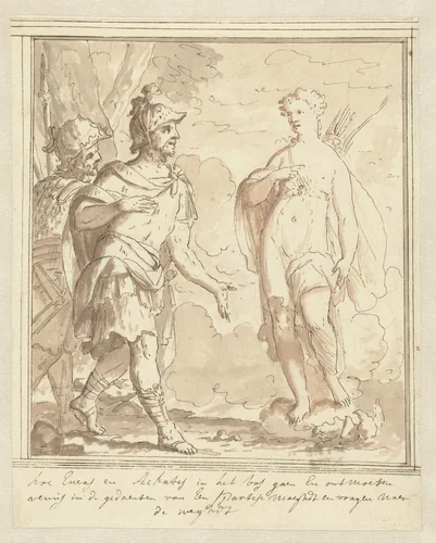 Aenaes en Achates ontmoeten Venus in de gedaante van een jageres by Mattheus Terwesten, drawing, 1700-1704