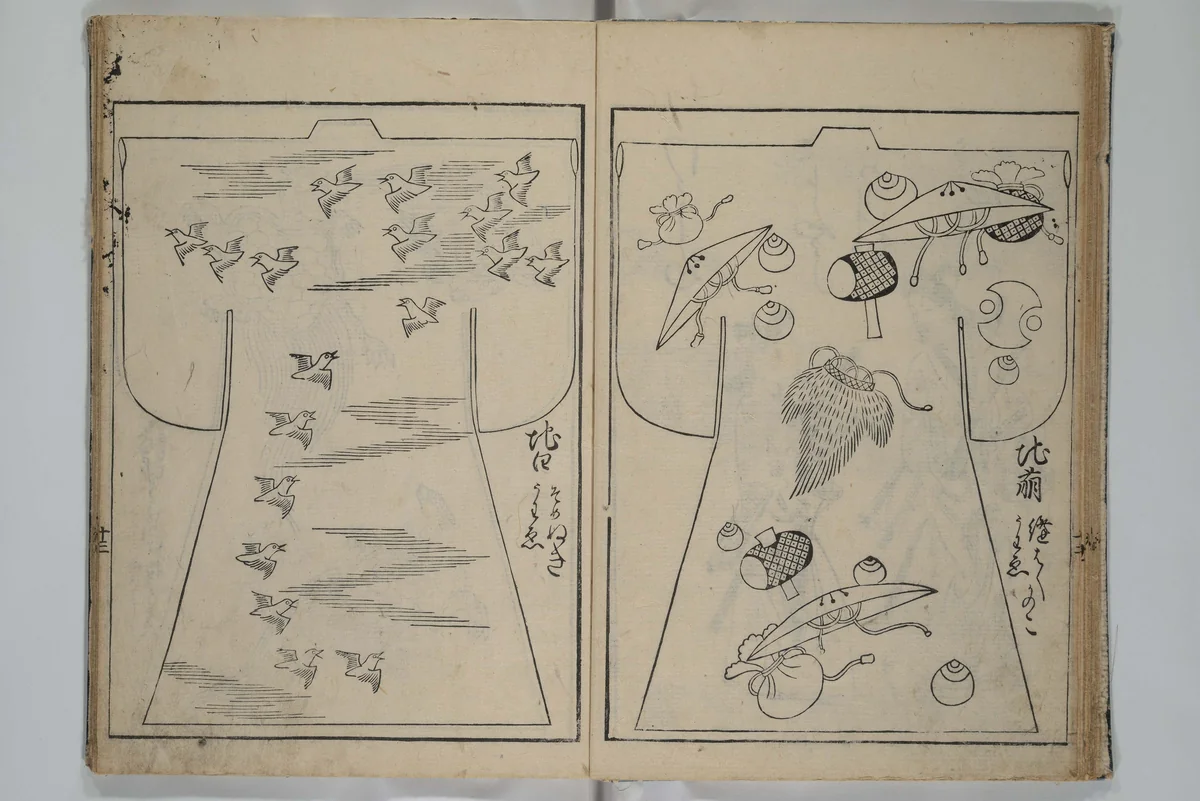 Contemporary Kimono Patterns (Tōsei hiinagata) 当世ひいな形 by Hishikawa Moronobu (菱川師宣), book, 1677