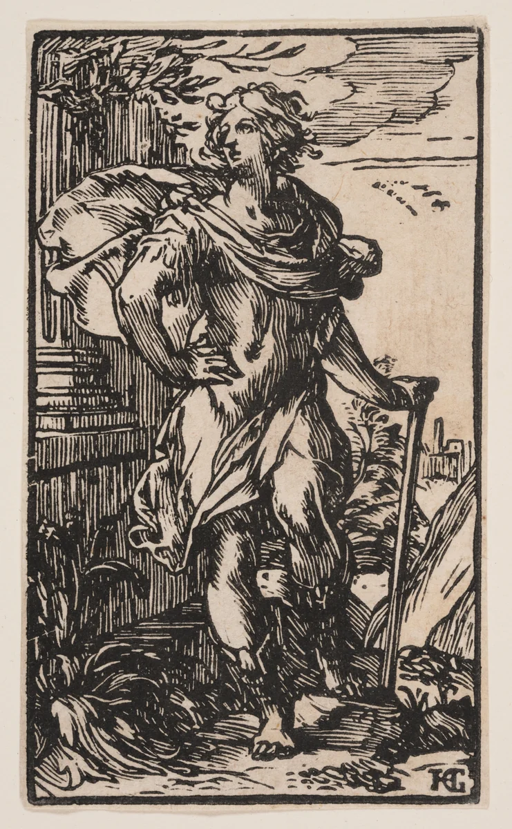Standing Young Man with a Cane by Hendrick Goltzius, print, 1596-1600