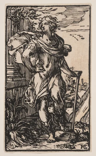 Standing Young Man with a Cane by Hendrick Goltzius, print, 1596-1600