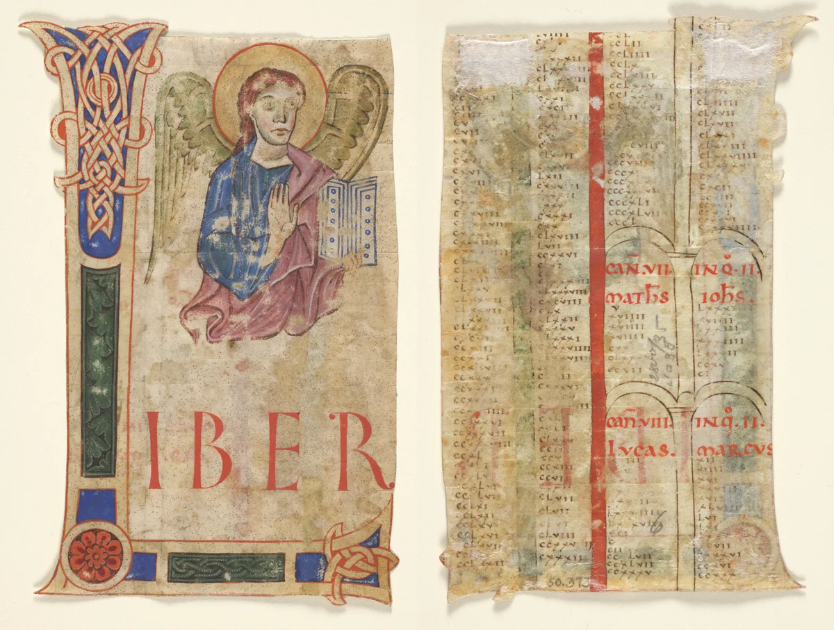 Miniature Excised from a Gospel Book: The Symbol of St. Matthew (recto) and Canon Tables (verso) by Unknown, manuscript, 1125-1150