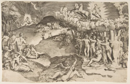 The triumph of love, cupid riding a chariot drawn by unicorn is in the upper right, naked figures fill the composition; a proof impression by Giulio Bonasone, print, 1545
