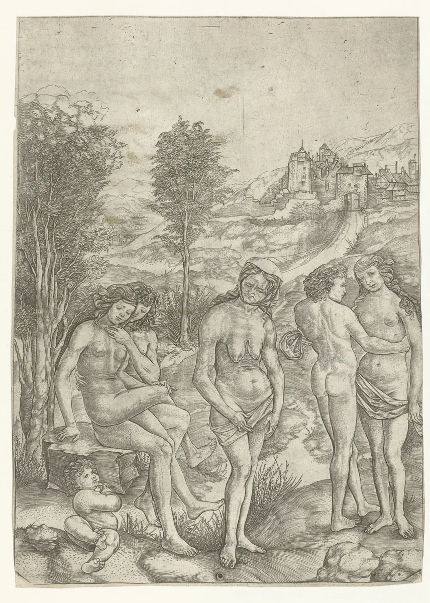 Oude vrouw en twee liefdesparen in landschap by Christoforo di Michele Robetta, print, 1480-1525