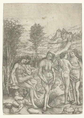 Oude vrouw en twee liefdesparen in landschap by Christoforo di Michele Robetta, print, 1480-1525