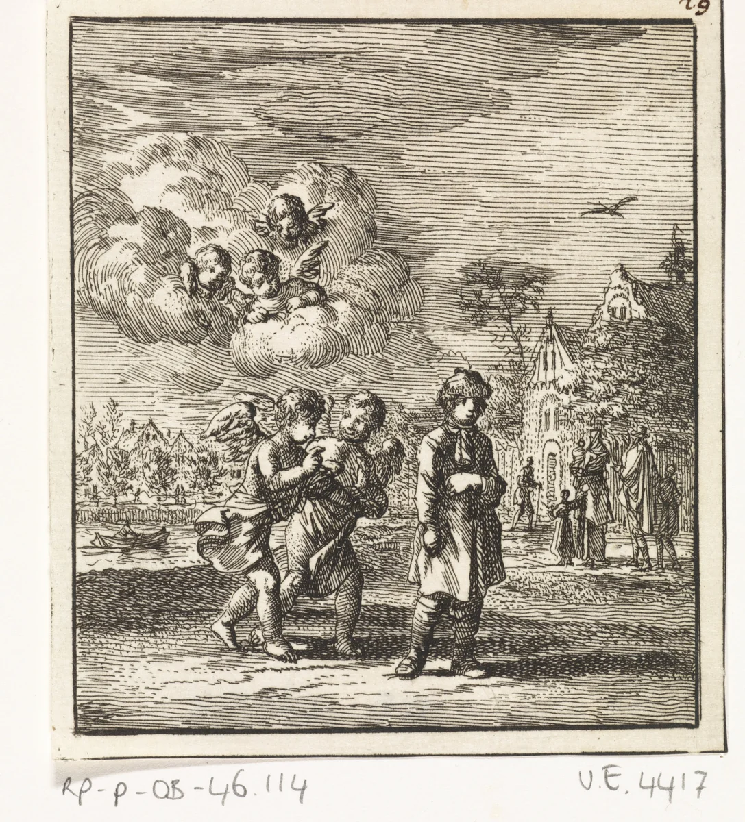Lopend kind achtervolgd door twee engeltjes by Jan Luyken, print, 1712
