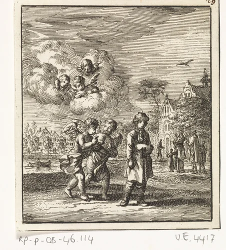 Lopend kind achtervolgd door twee engeltjes by Jan Luyken, print, 1712