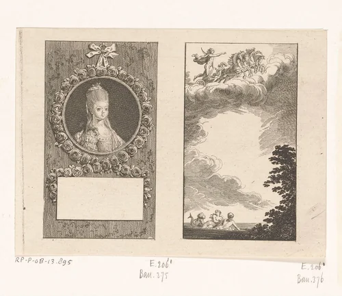 Portret van Augusta Sophia en Apollo in de zonnewagen by Daniel Nikolaus Chodowiecki, print, 1777