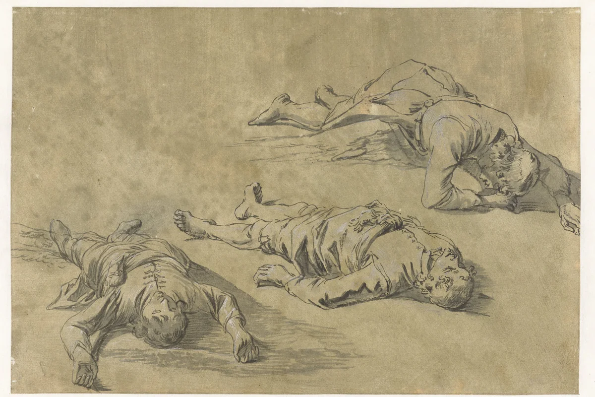 Studieblad met schetsen van drie liggende mannen by Leonaert Bramer, drawing, 1606-1674
