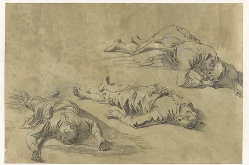 Studieblad met schetsen van drie liggende mannen by Leonaert Bramer, drawing, 1606-1674