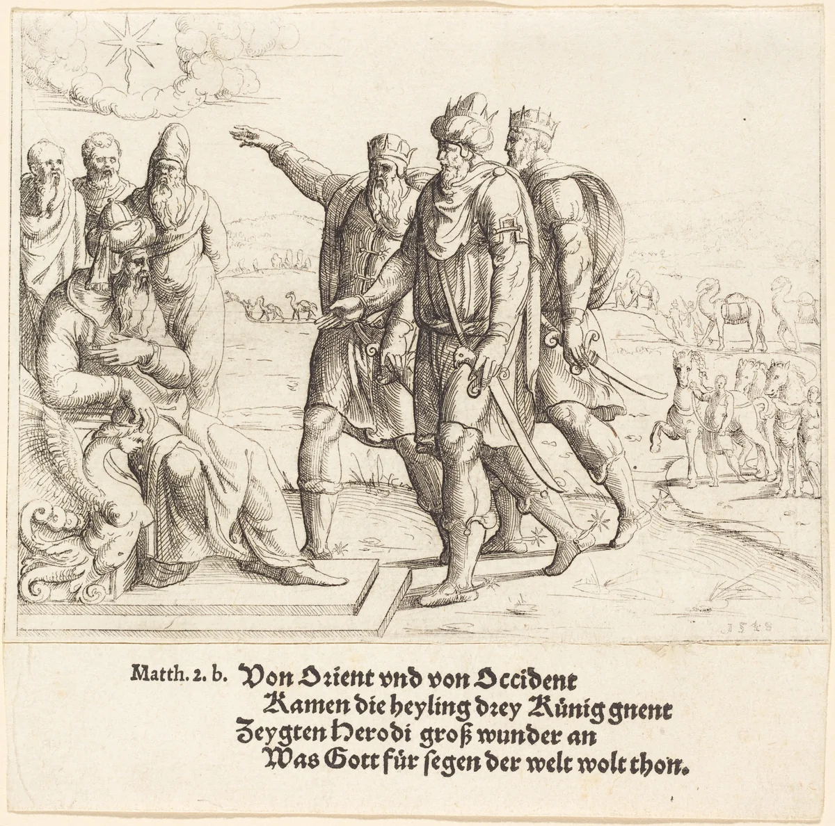 The Three Kings Tell Herod of Christ's Birth by Augustin Hirschvogel, print, 1549