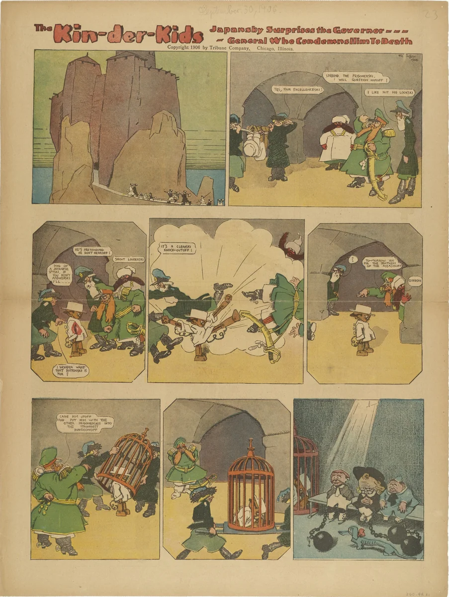 The Kin-der-Kids: Japansky Surprises the Governor General who Condemns him to Death from The Chicago Sunday Tribune by Lyonel Feininger, print, 1906