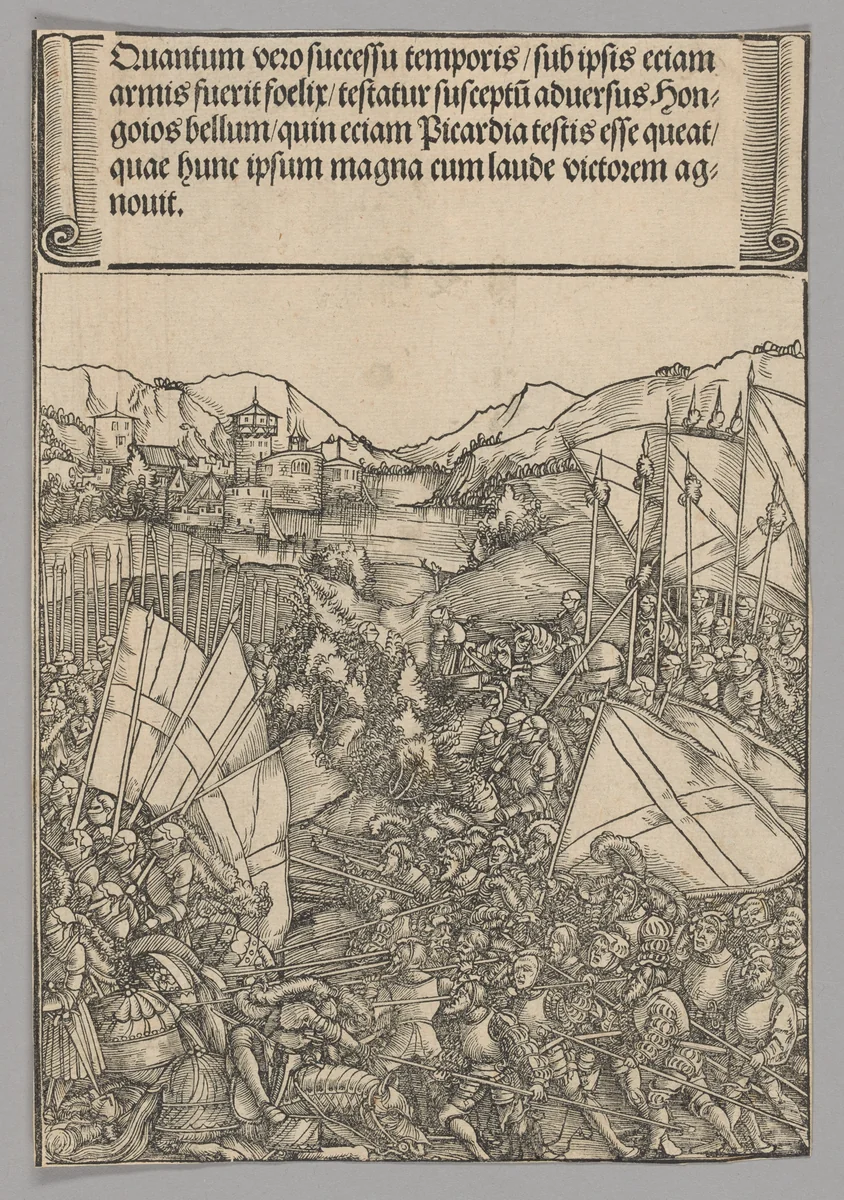 Battle of Hainaut, plate 3 from Historical Scenes from the Life of Emperor Maximilian I from the Triumphal Arch by Hans Springinklee, print, 1515-1517
