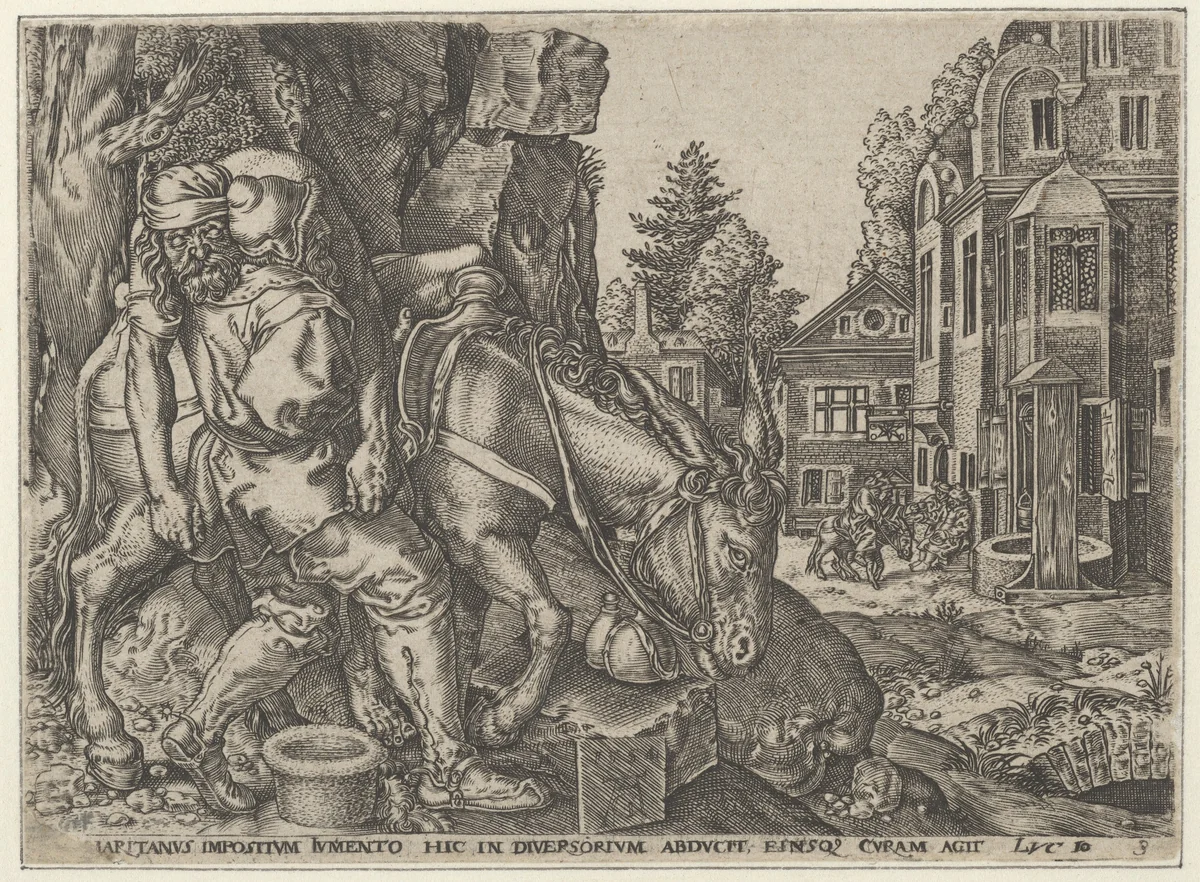 Copy of The Good Samaritan Putting the Traveller on His Donkey, from The Parable of the Good Samaritan by anonymous, print, 1554-1600