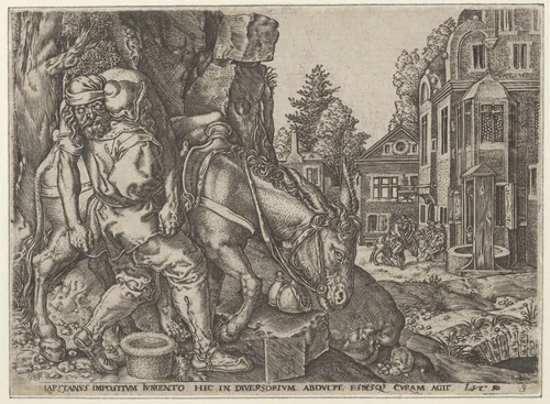 Copy of The Good Samaritan Putting the Traveller on His Donkey, from The Parable of the Good Samaritan by anonymous, print, 1554-1600