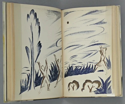 Double page plate (between pages 62 and 63) from Vertogradari Nad Lozami (Gardeners over the Vines) by Natalia Goncharova, illustrated book, 1913