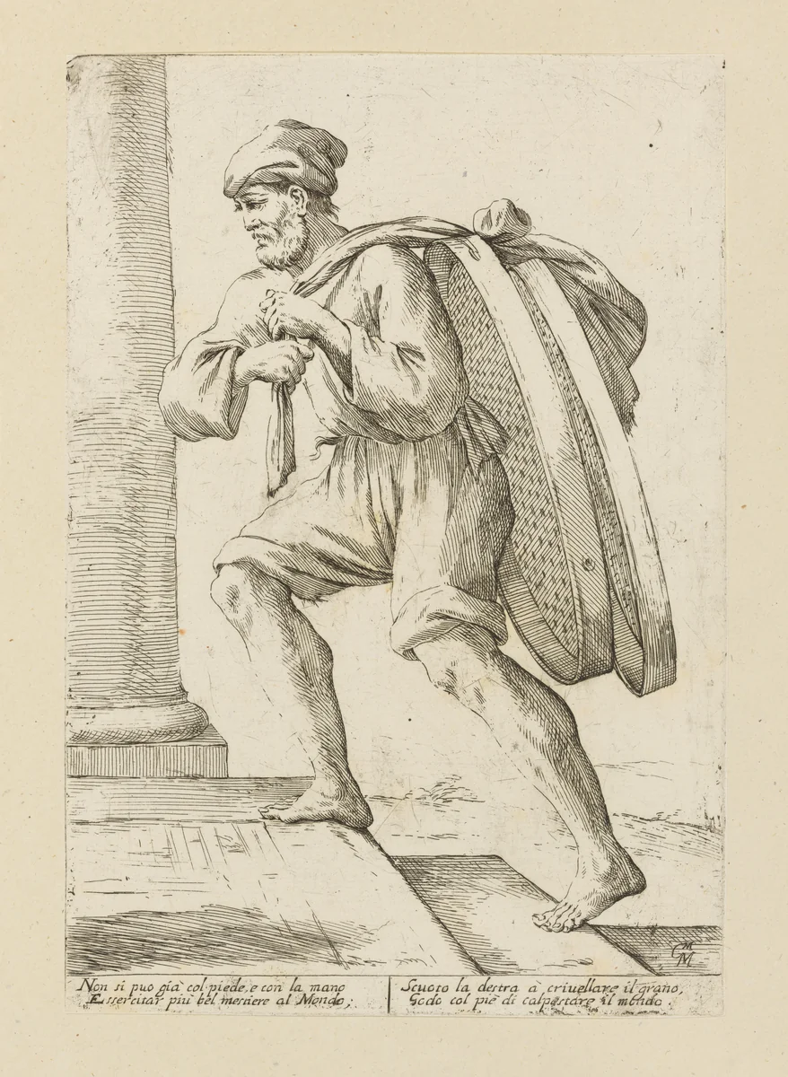 Vendor of Grain Sifters, from Di Bologna l'Arti per via D'An.ibal' Ca.rac, plate 26 by Giuseppe Maria Mitelli, print, 1660