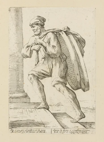 Vendor of Grain Sifters, from Di Bologna l'Arti per via D'An.ibal' Ca.rac, plate 26 by Giuseppe Maria Mitelli, print, 1660