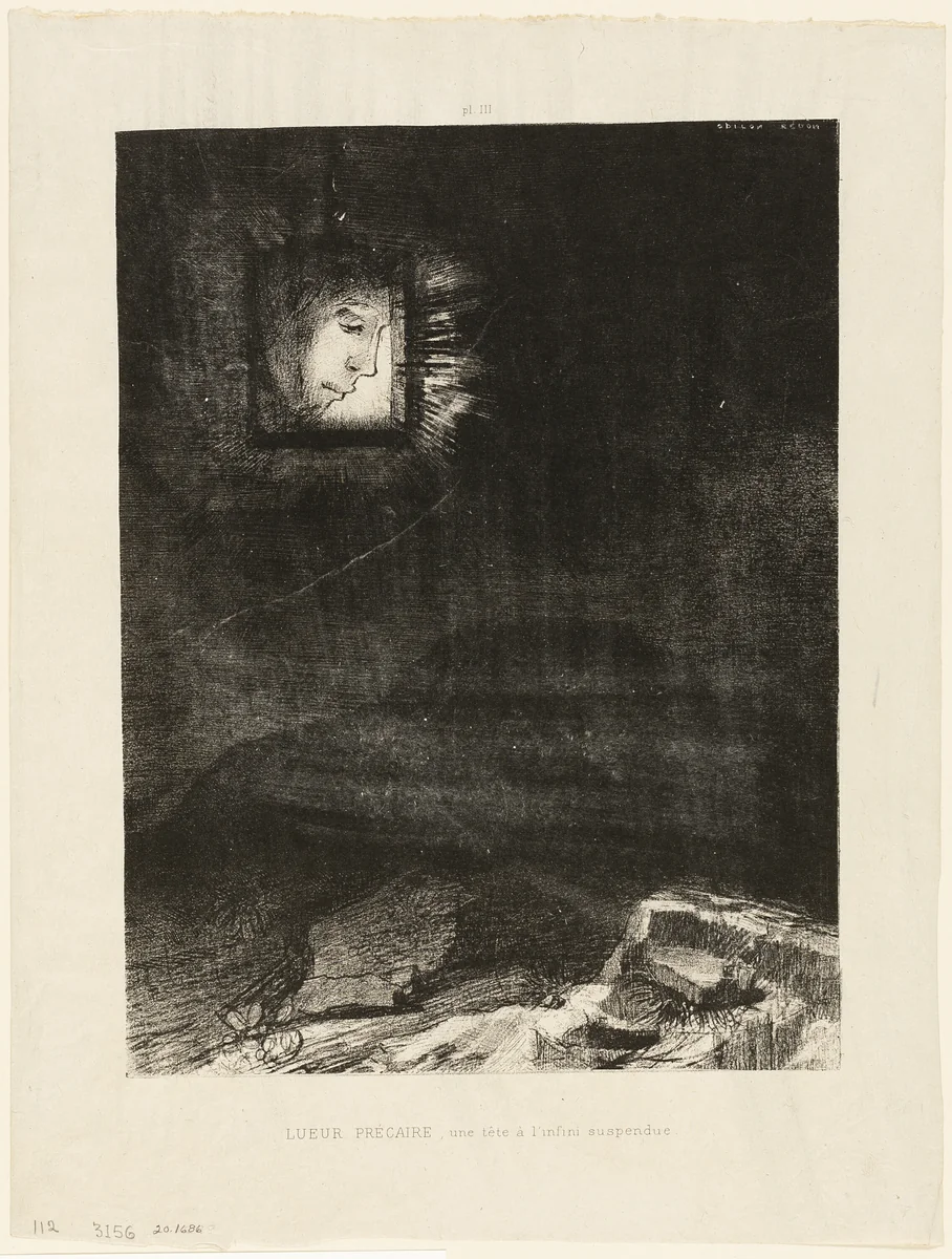 Precarious Glimmering, a Head Suspended from Infinity, plate 3 of 6 by Odilon Redon, print, 1891
