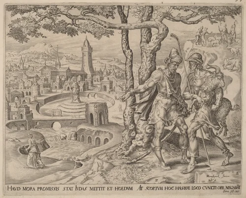 Hirah the Adullamite with the Kid by Herman Jansz Muller; Maerten van Heemskerck, print, 1566