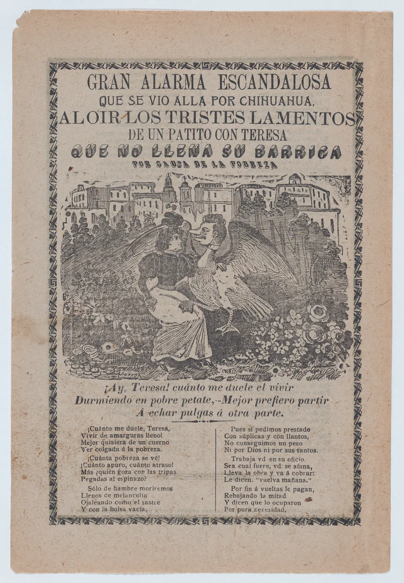 Broadsheet with a ballad addressing poverty, woman sitting in a field of flowers with a duck that has a human's head by José Guadalupe Posada, print, 1899-1909