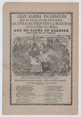 Broadsheet with a ballad addressing poverty, woman sitting in a field of flowers with a duck that has a human's head by José Guadalupe Posada, print, 1899-1909