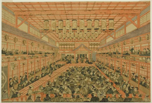 Perspective Picture of a Kabuki Theater (Uki-e Kabuki shibai no zu) by Utagawa Toyoharu, print, 1771-1781