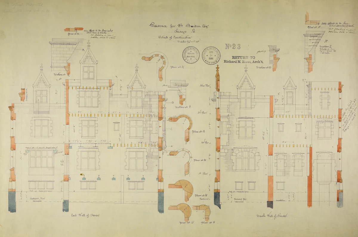 William Borden Residence, Chicago, Illinois, Construction Details by Richard Morris Hunt, drawing, 1885-1886