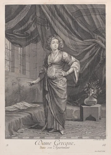 Dame Grecque, dans son Apartement, plate 68 from "Recueil de cent estampes représentent differentes nations du Levant" by Jean Baptiste Vanmour, print, 1714-1715