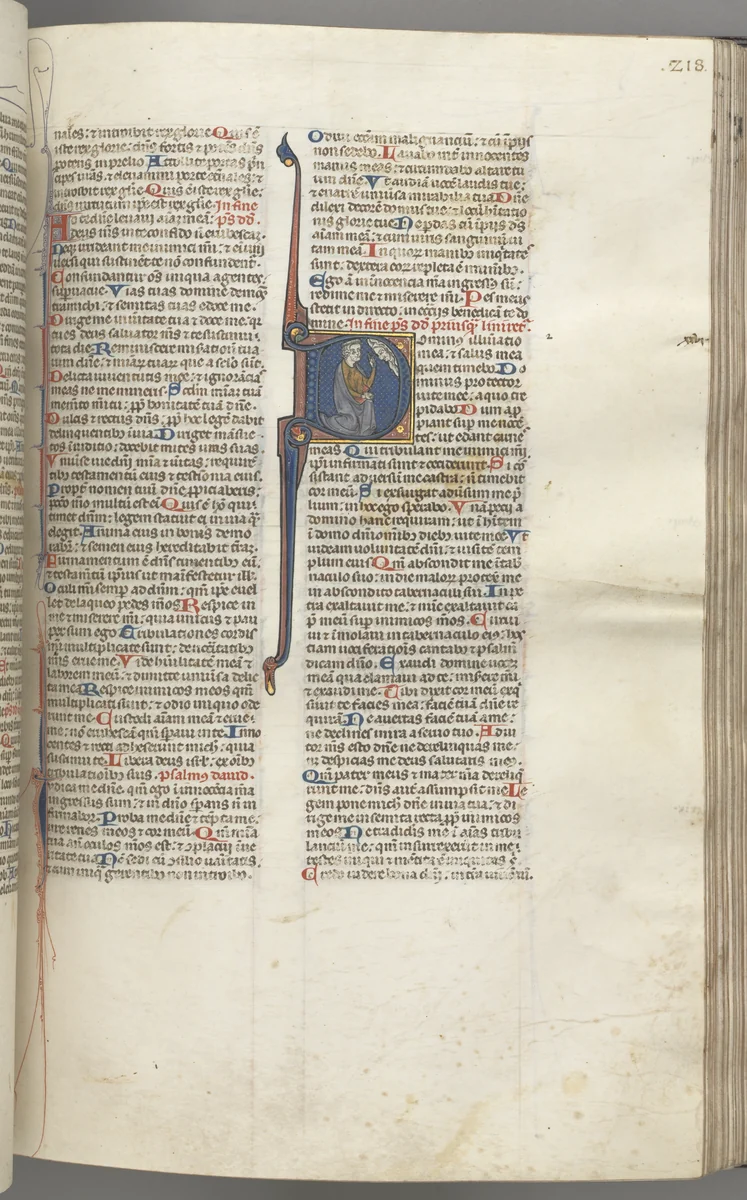 Fol. 218r, Psalm 26, historiated initial D, David kneeling pointing to his eyes, the bust of God above by Unknown, book, 1270-1300