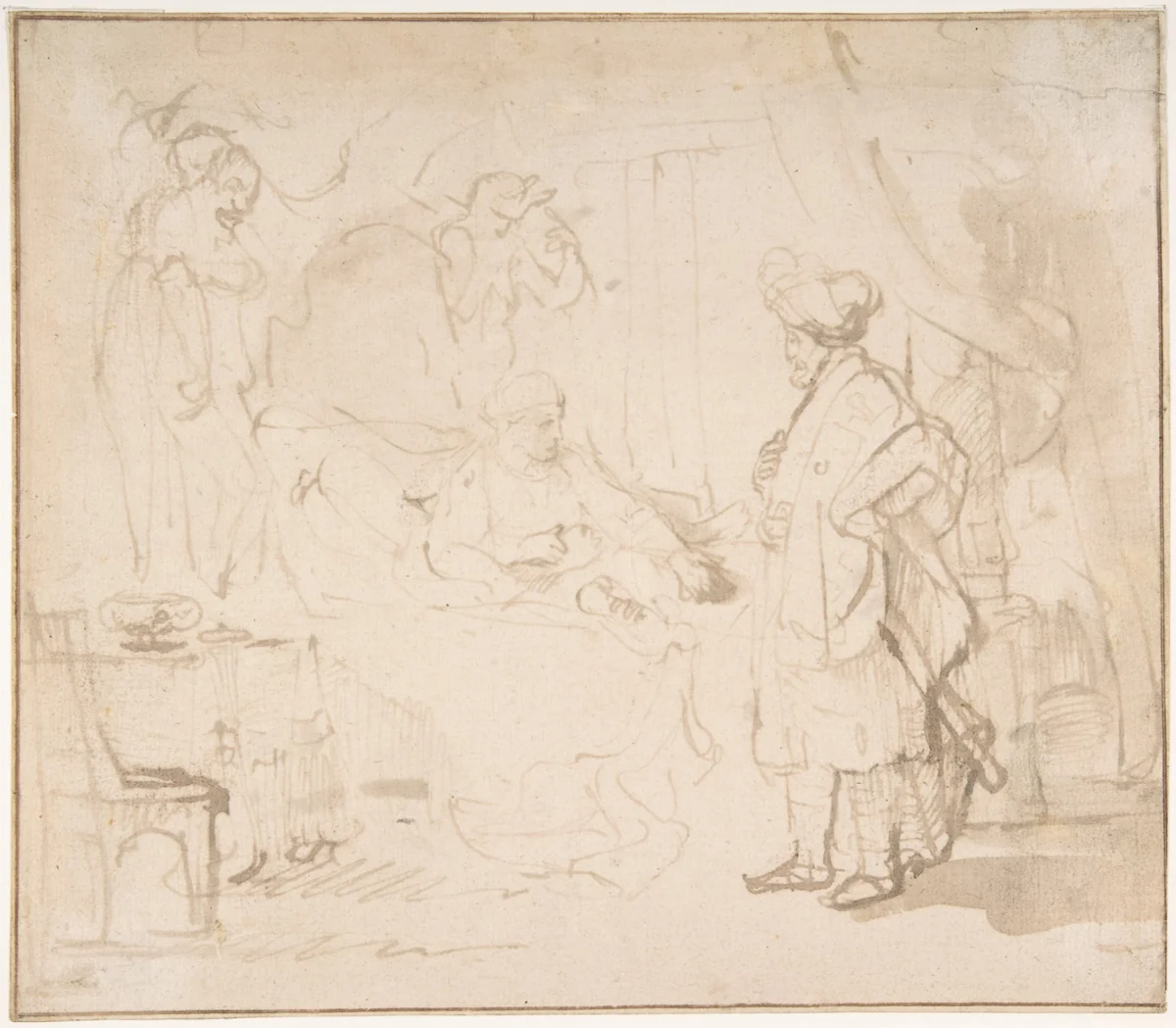 Potiphar's Wife Accusing Joseph Before her Husband by Rembrandt van Rijn, drawing, 1620-1669